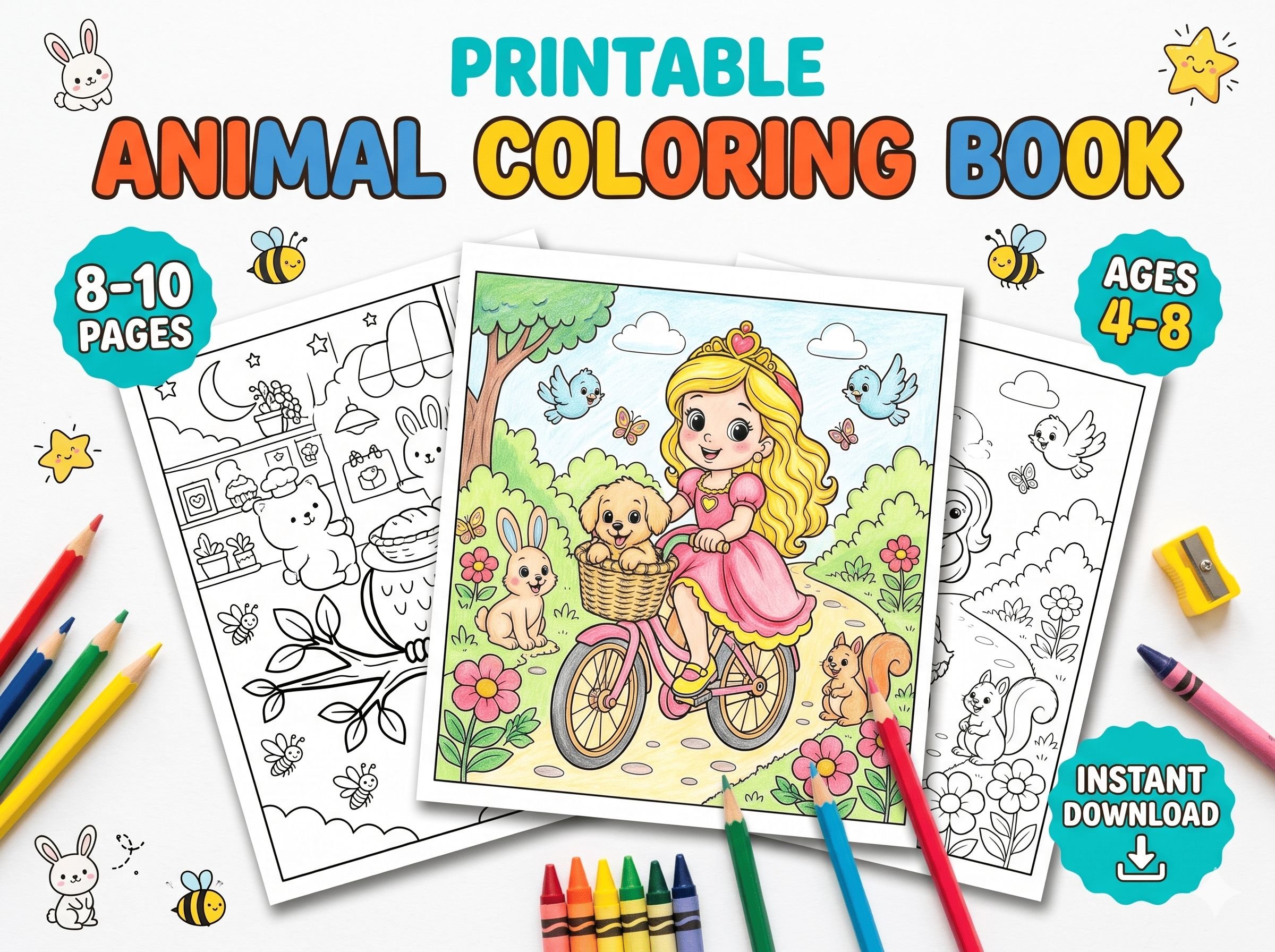 Printable Animal Coloring Pages for Kids Ages 4-8, Bold Easy Outlines, Instant Download Toddler Activity PDF, Kindergarten Homeschool Morning Basket