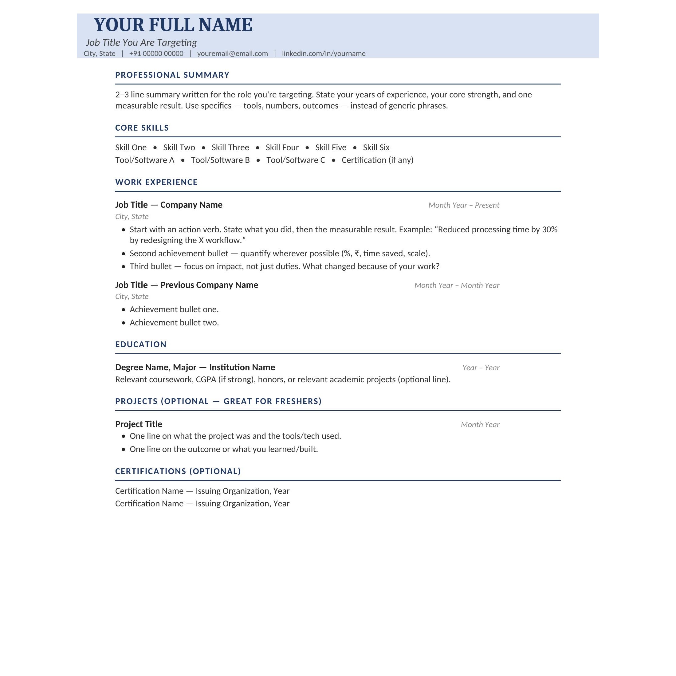 ATS-Proof Resume Template (Navy) — Get Shortlisted Faster | Editable Word Format